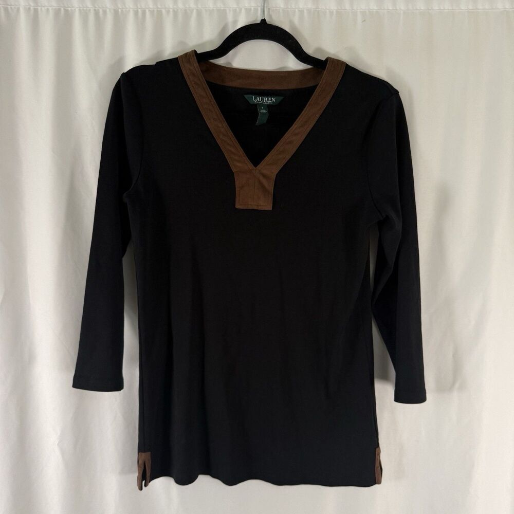 Lauren Ralph Lauren Blouse Women's Small Black Brown Suede Trim VNEck 3/4 Slv